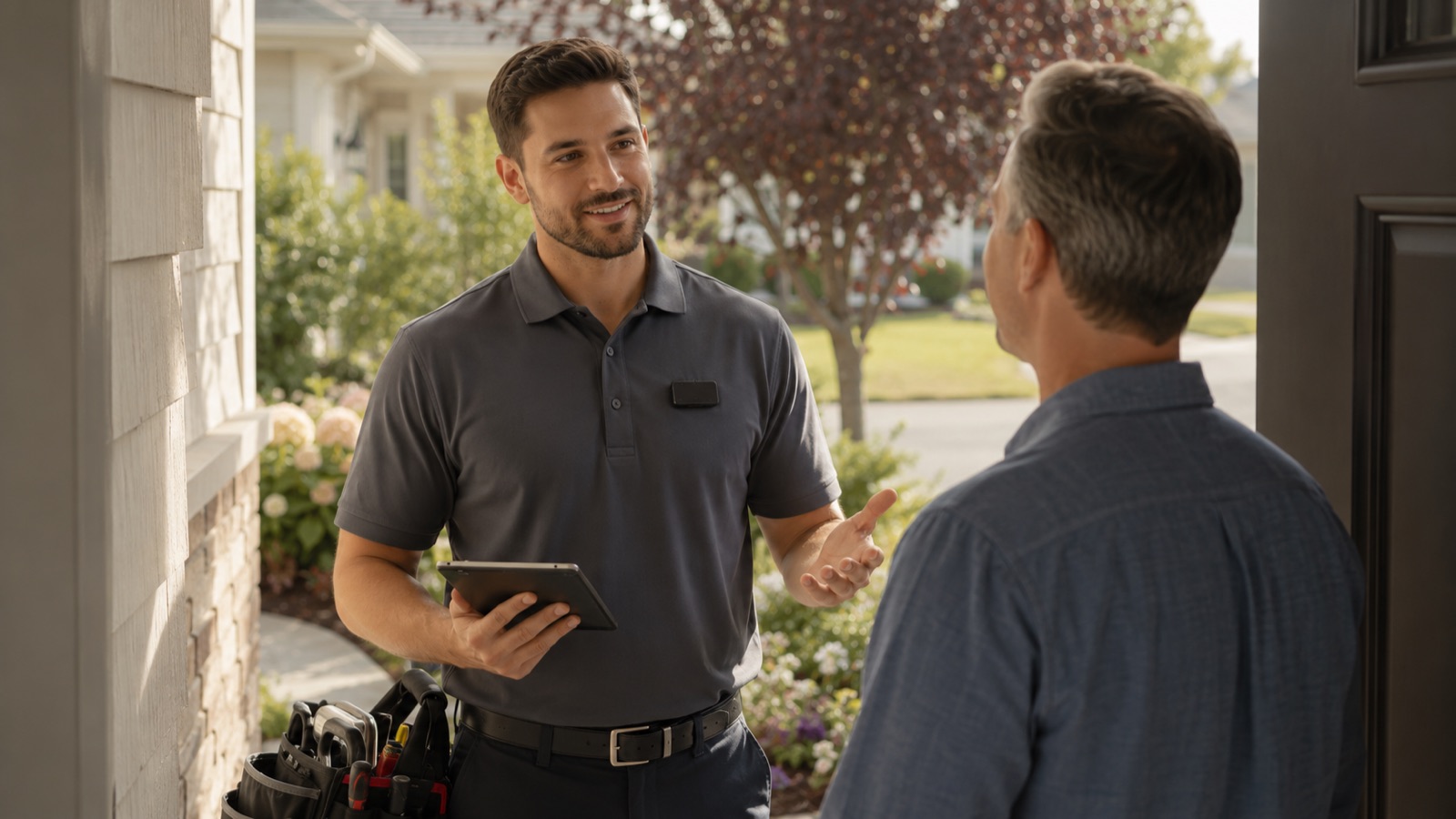 technician with badge talking with a homeowner at the front door