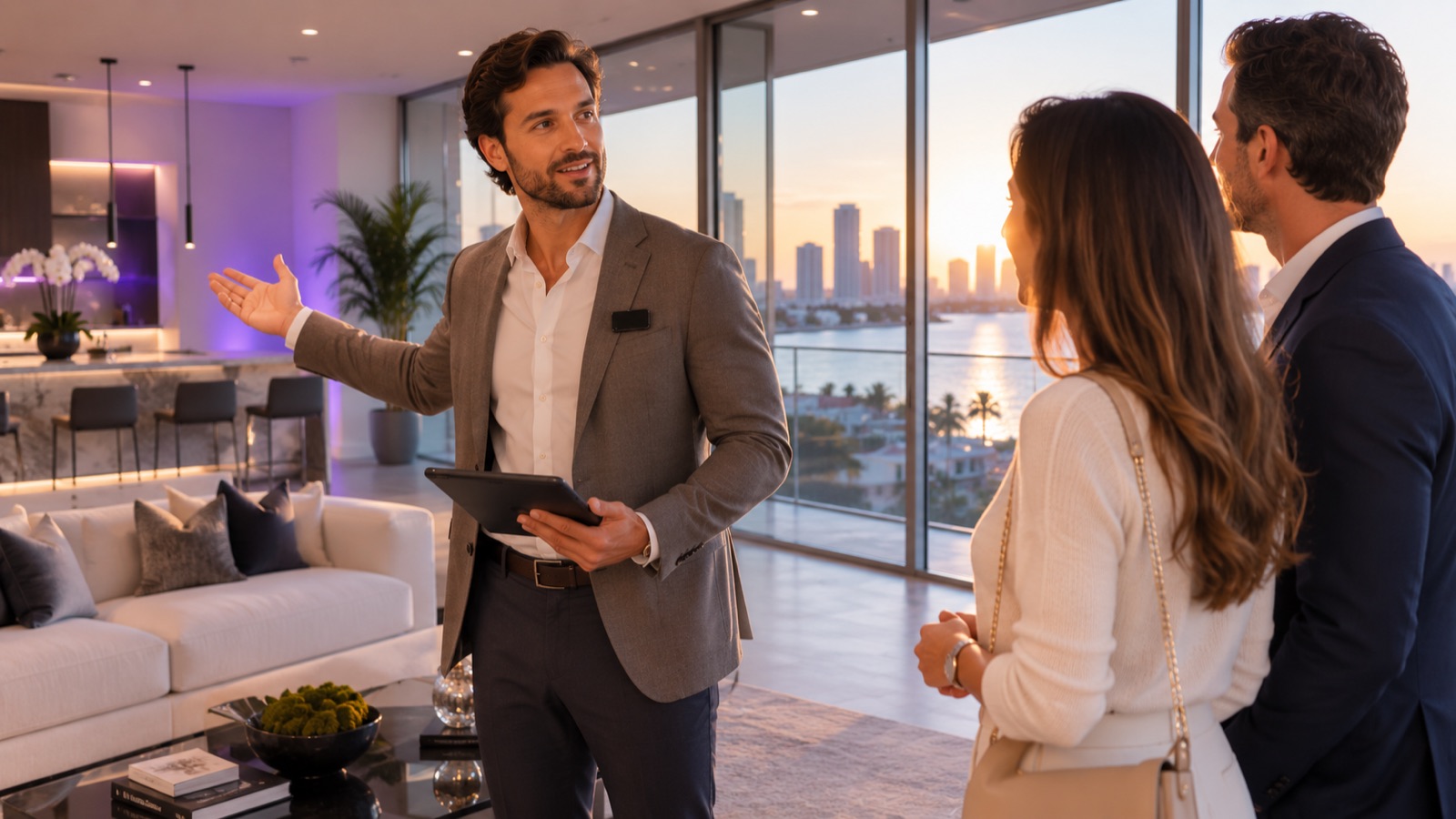 broker with badge presenting a luxury property to a couple